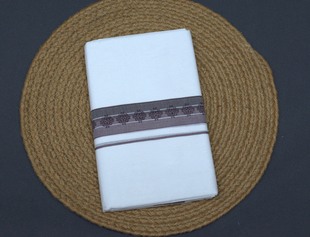 Premium Pure Cotton White Double Mundu with Brown Ethnic Border
