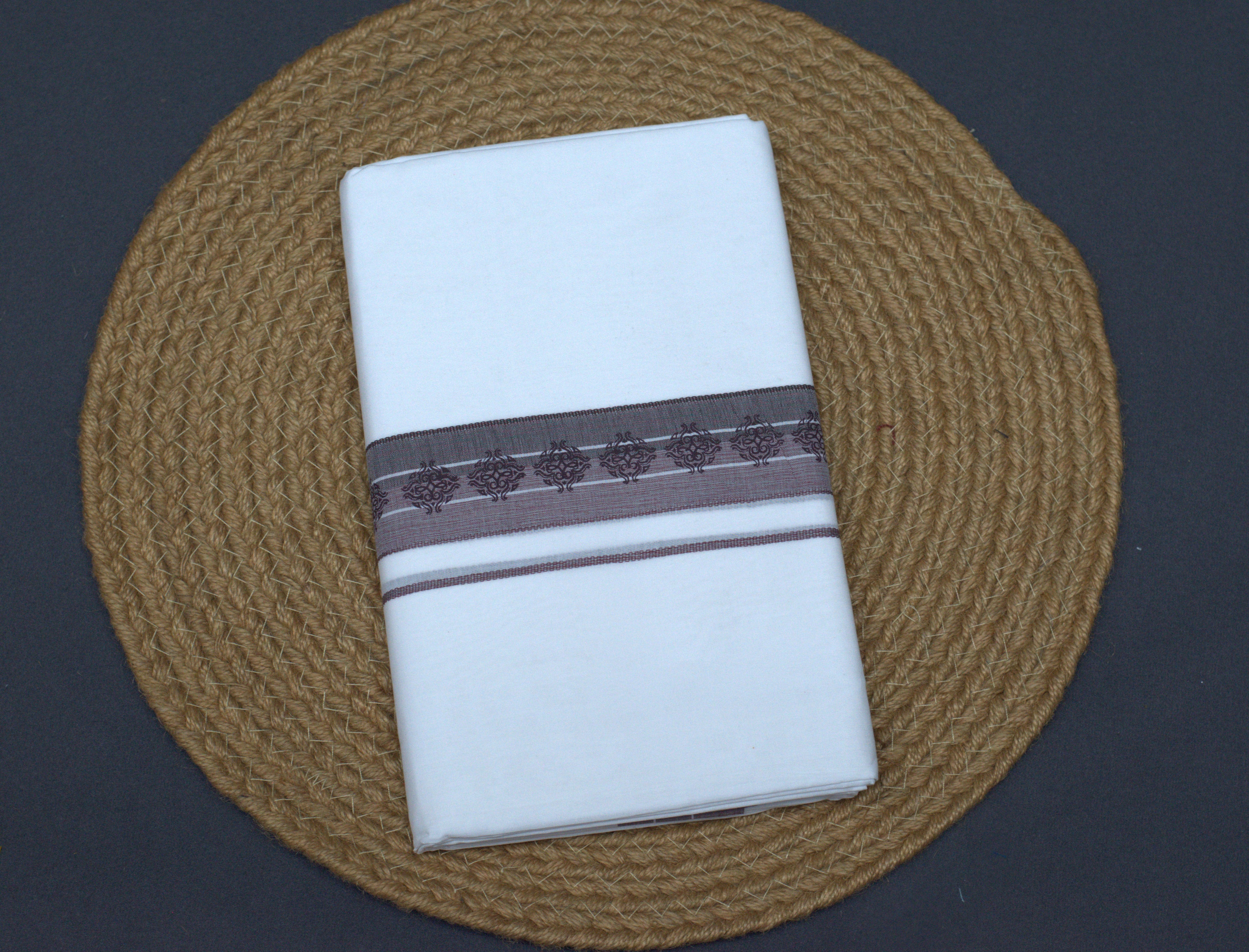 Premium Pure Cotton White Double Mundu with Brown Ethnic Border
