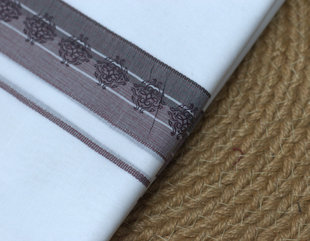 Premium Pure Cotton White Double Mundu with Brown Ethnic Border