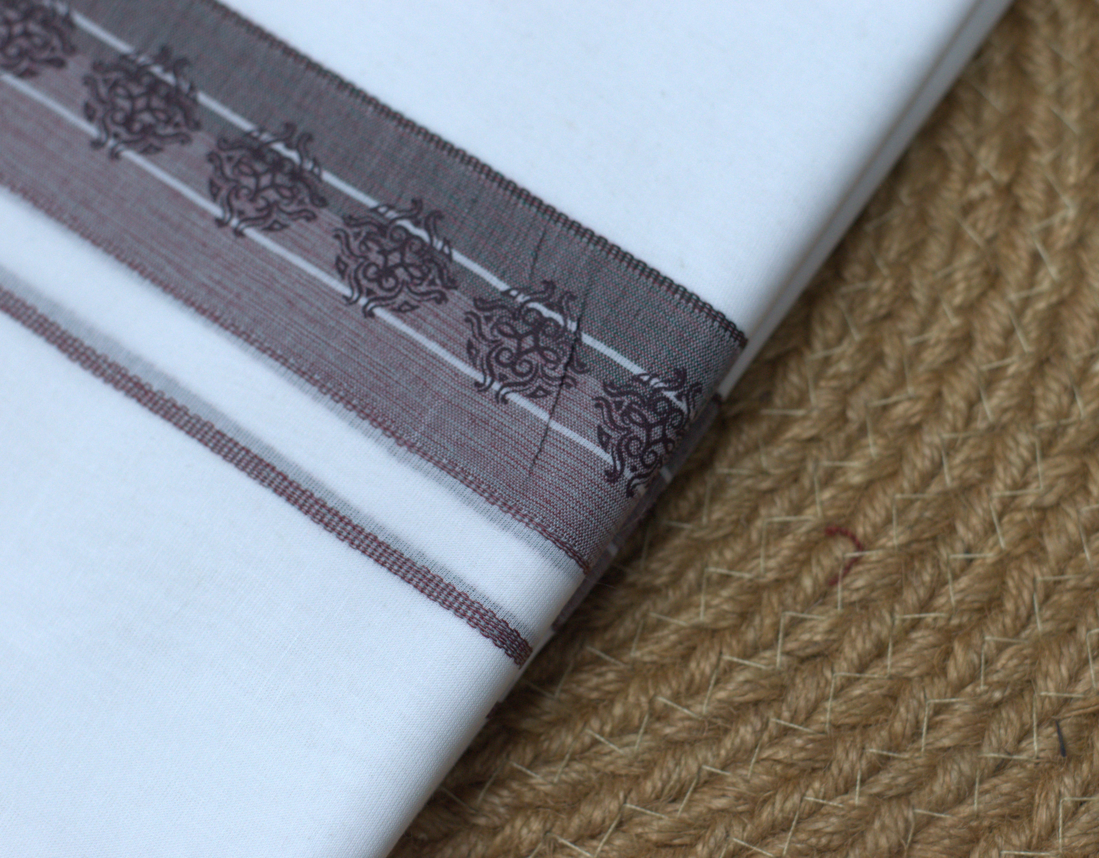 Premium Pure Cotton White Double Mundu with Brown Ethnic Border
