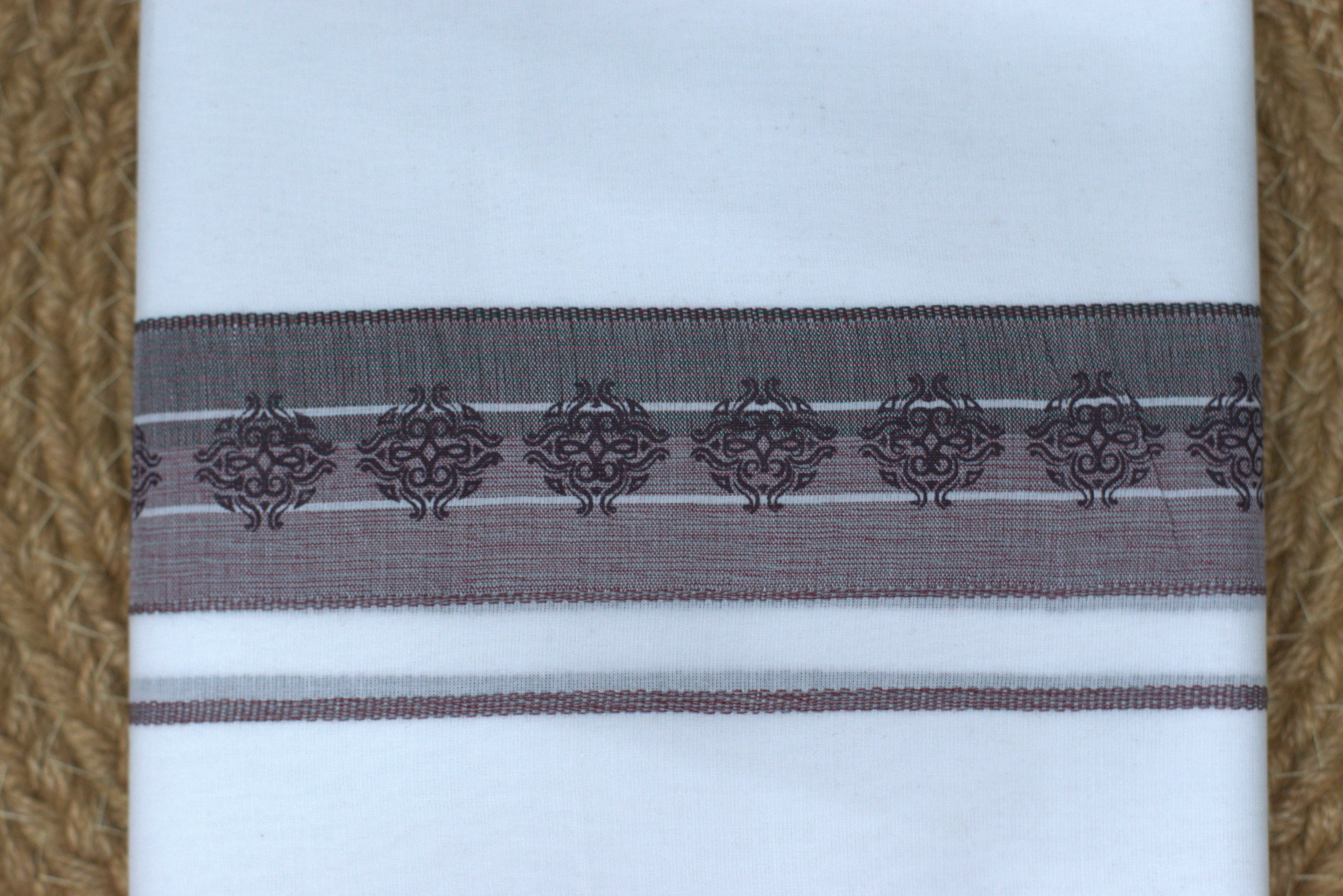 Premium Pure Cotton White Double Mundu with Brown Ethnic Border