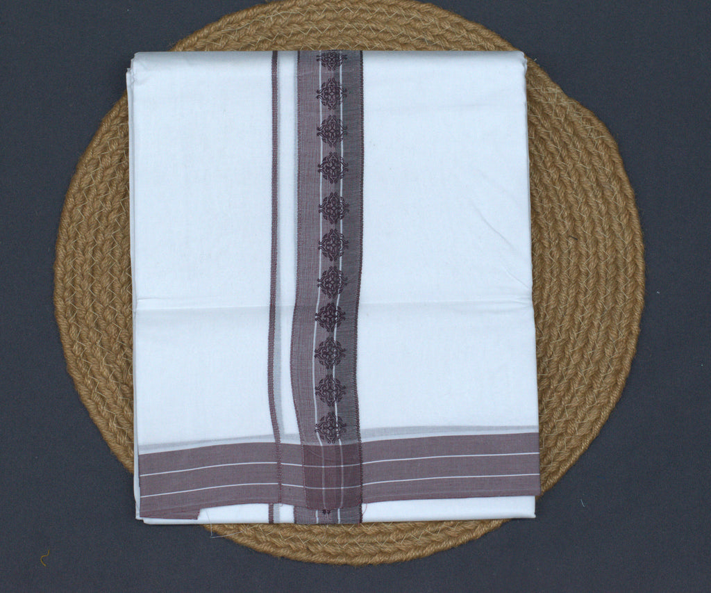 Premium Pure Cotton White Double Mundu with Brown Ethnic Border