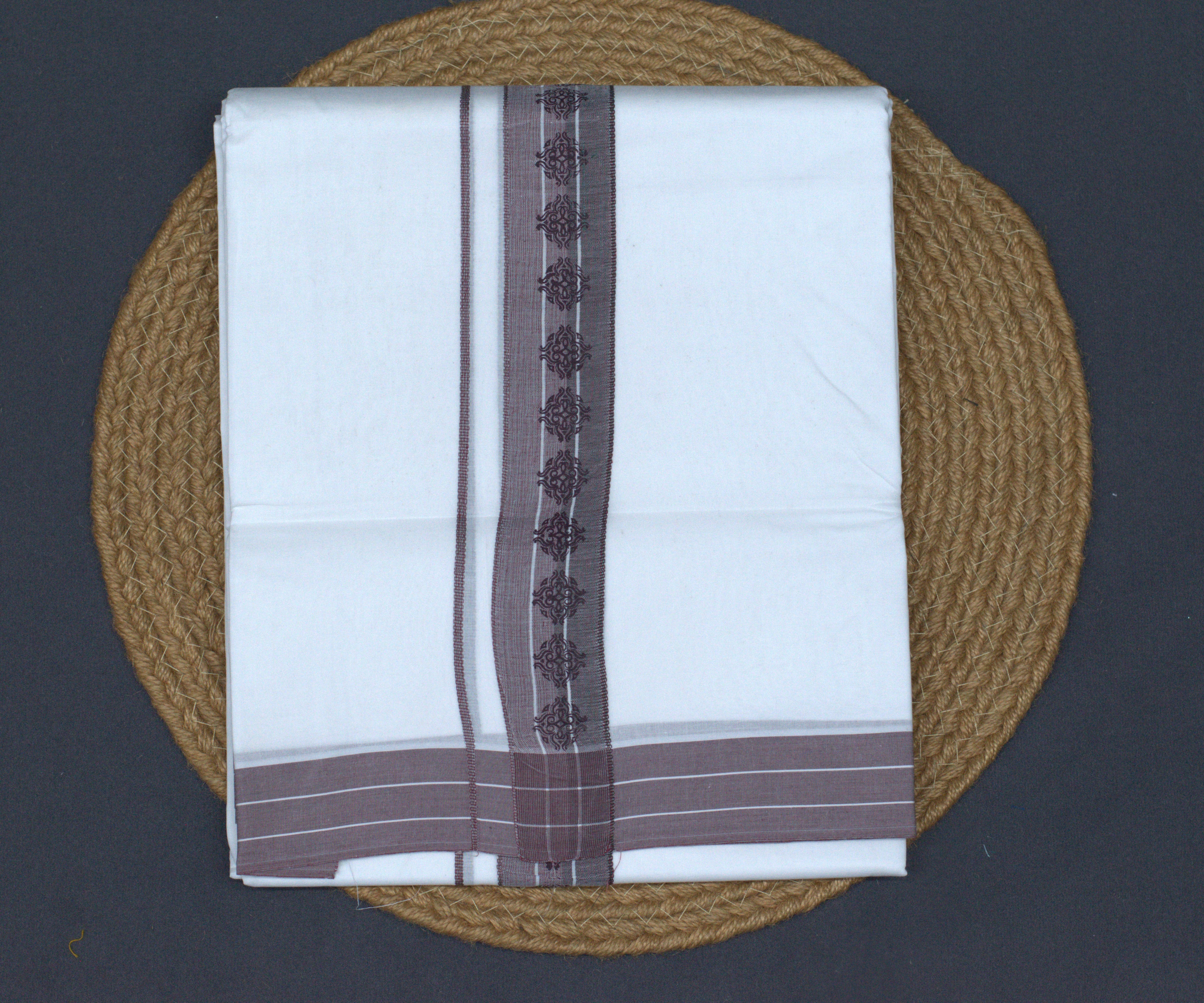 Premium Pure Cotton White Double Mundu with Brown Ethnic Border