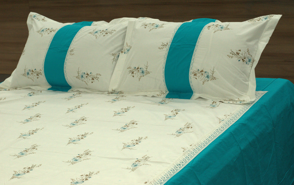 King Size White & Teal Floral Bedspread Set with Pillow Covers – 100" x 100"