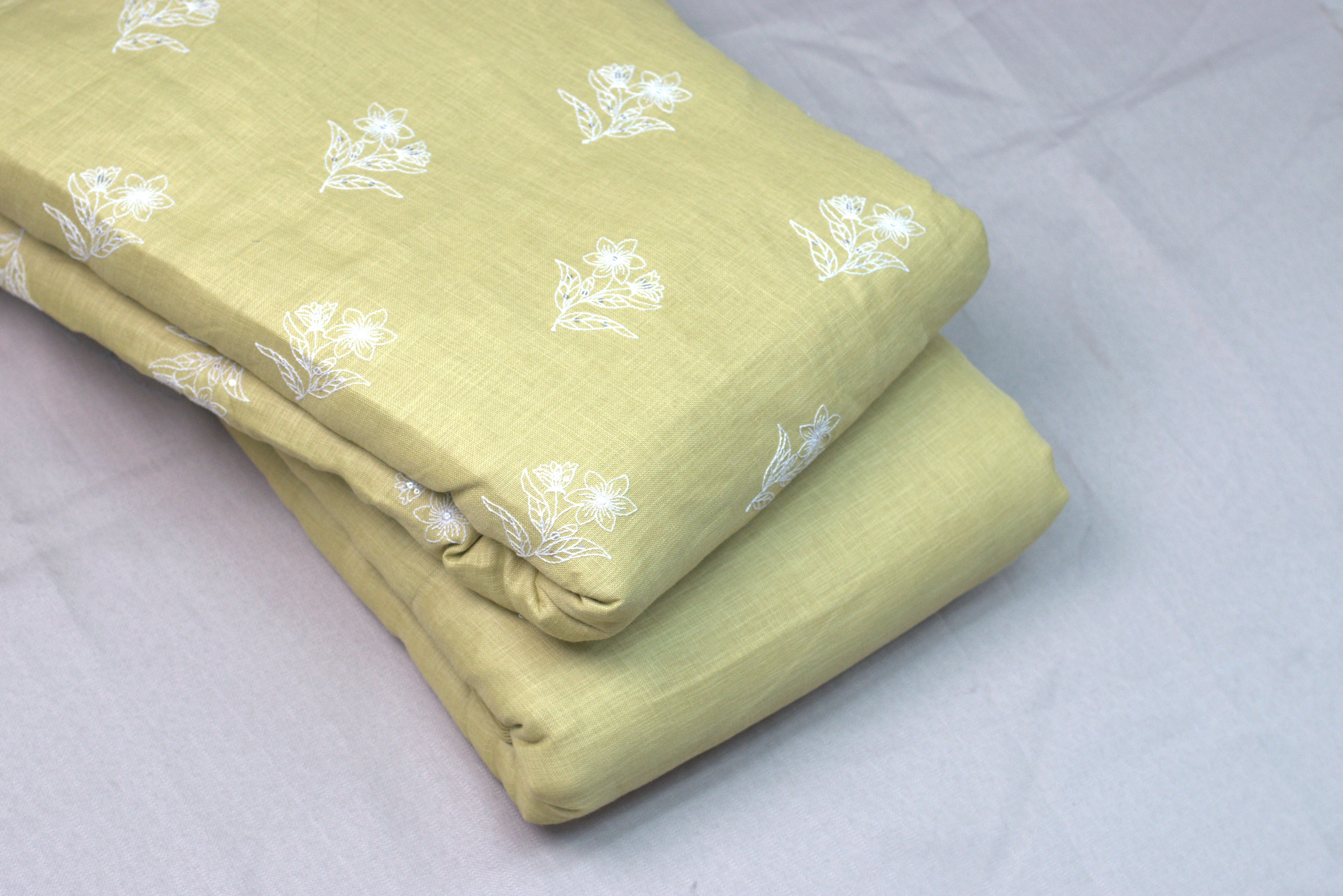 Elegant Pastel Lime Semi Linen Dress Material Set – Floral Print | 44" Width