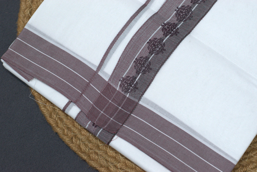 Premium Pure Cotton White Double Mundu with Brown Ethnic Border