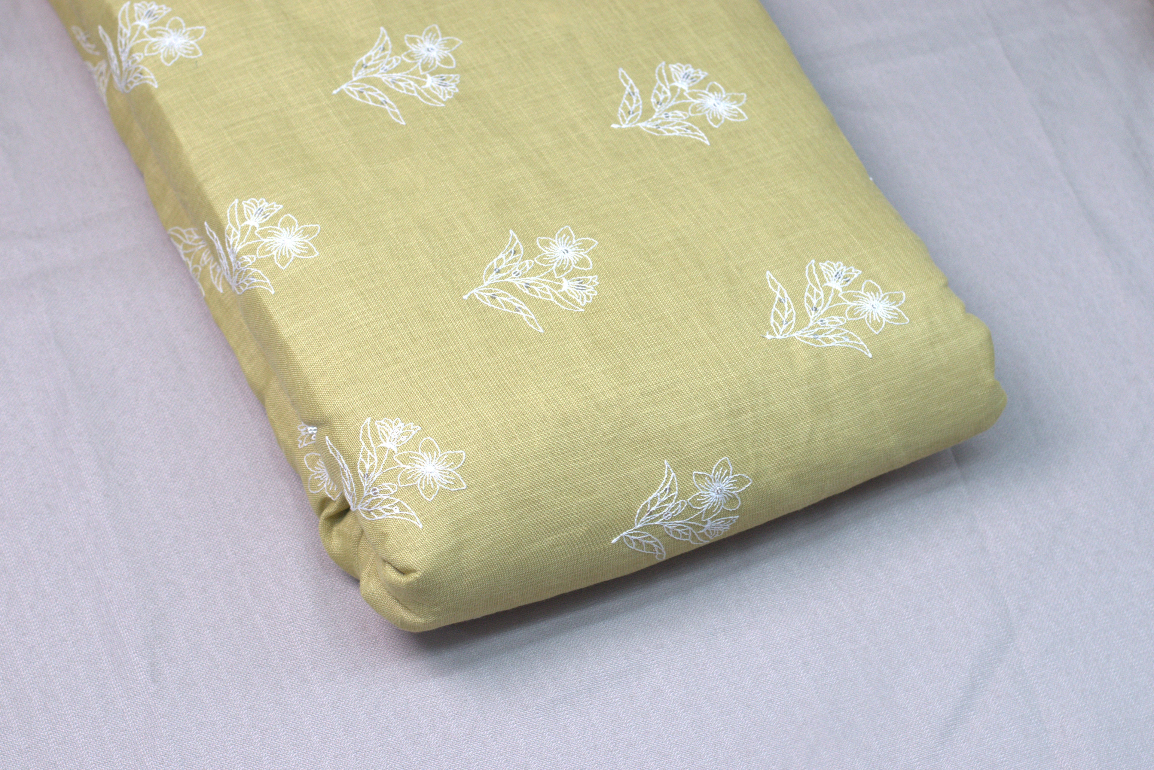 Elegant Pastel Lime Semi Linen Dress Material Set – Floral Print | 44" Width