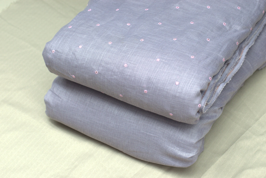 Elegant Grey Semi Linen Dress Material Set with Subtle Floral Butti – 44" Width