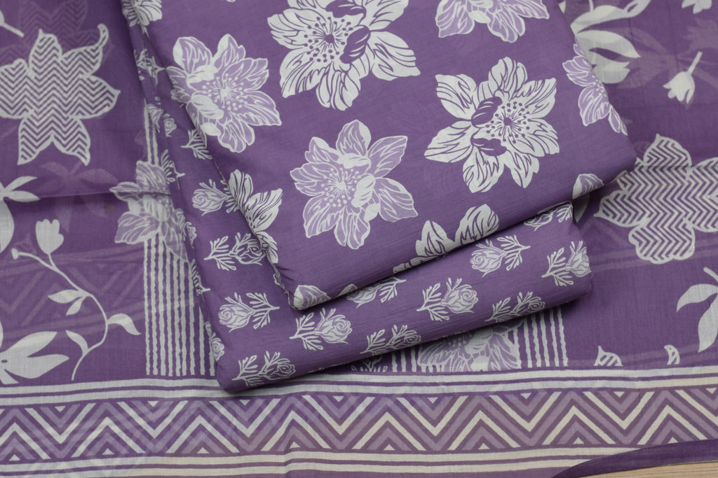 Purple  Cotton Churidar Material Set with Top, Bottom & Shawl – 44 – Nushio by Pulpel