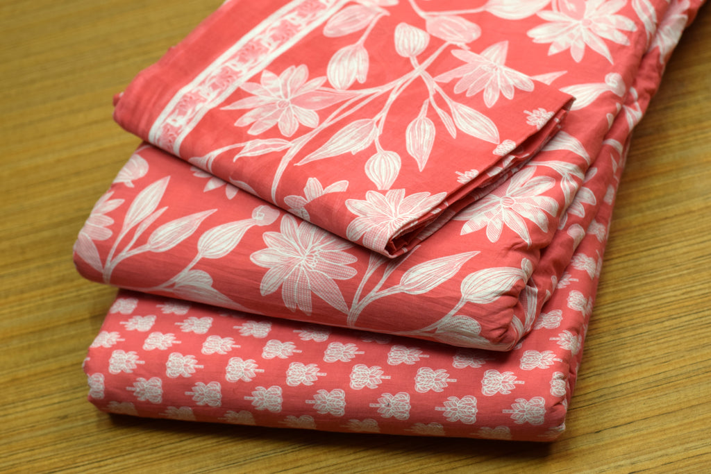 Coral Pink  Cotton Churidar Material Set with Top, Bottom & Shawl – Nushio by Pulpel