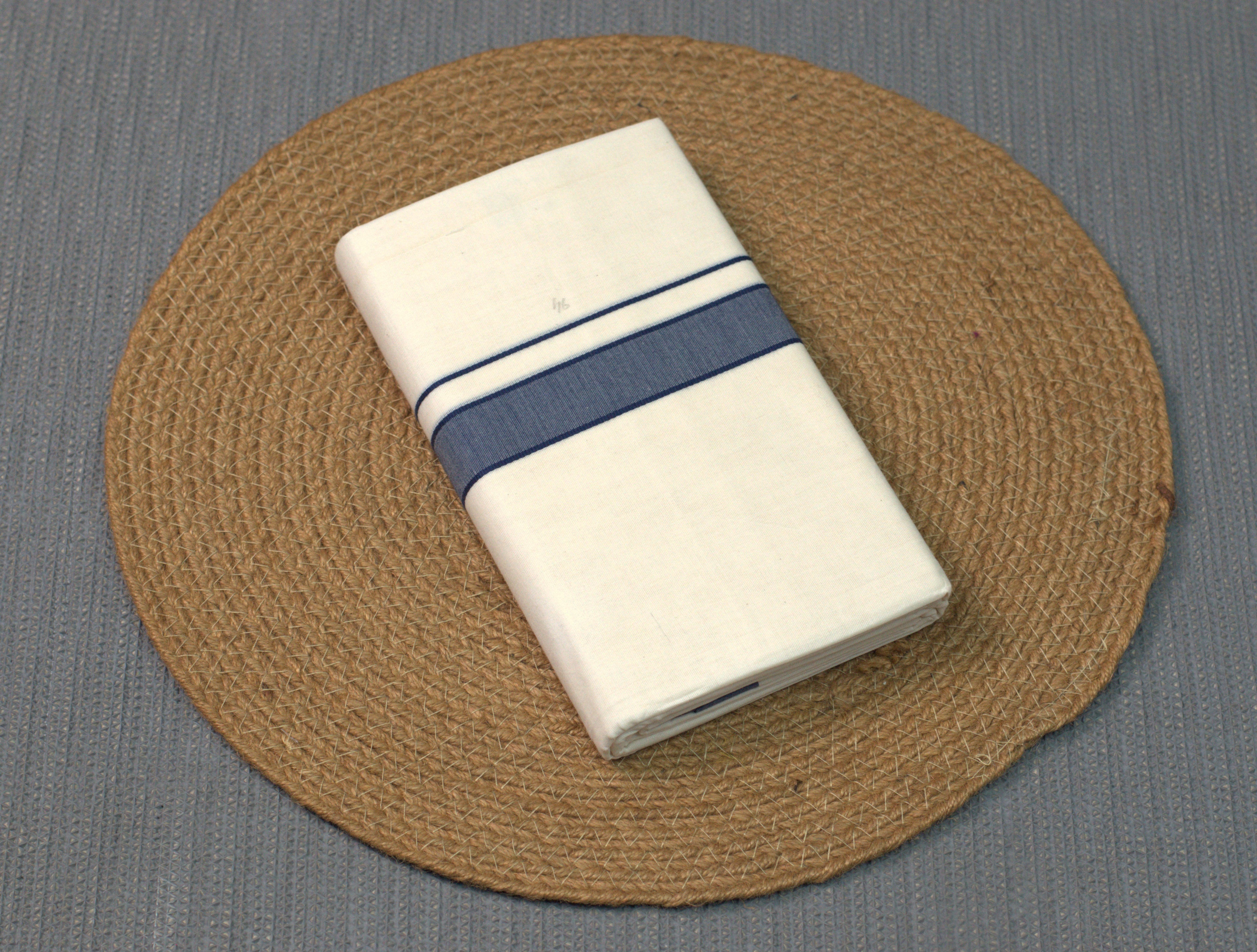 Premium kodi Cotton Mundu with Blue Kasavu Border – Traditional Kerala Dhoti