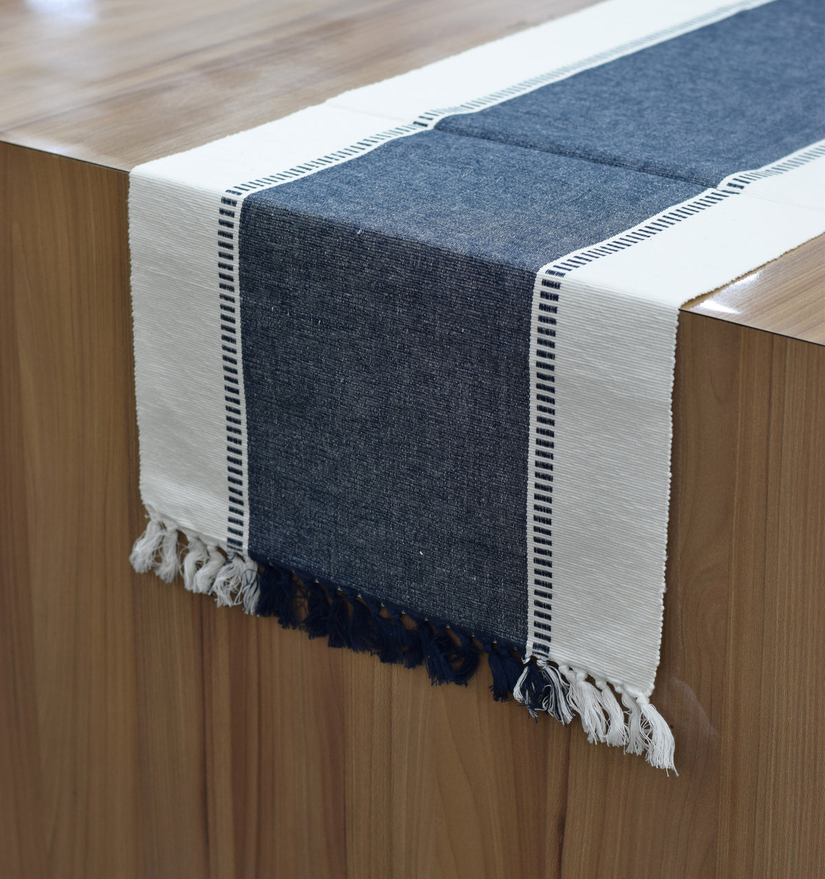 Navy Blue & White Cotton Table Runner with Tassel Fringe – 1.90 M x 40 cm