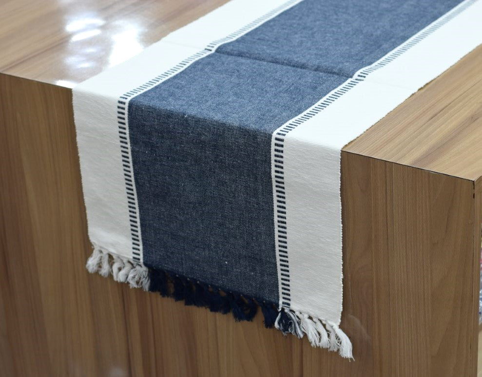 Navy Blue & White Cotton Table Runner with Tassel Fringe – 1.90 M x 40 cm