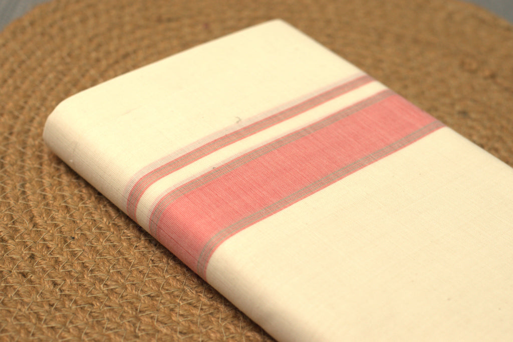 Premium Cotton Double Mundu with Elegant Pink Border