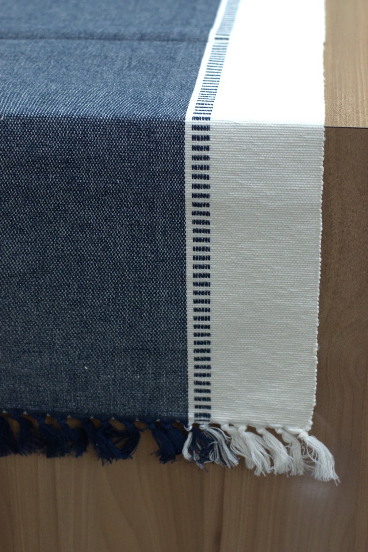 Navy Blue & White Cotton Table Runner with Tassel Fringe – 1.90 M x 40 cm