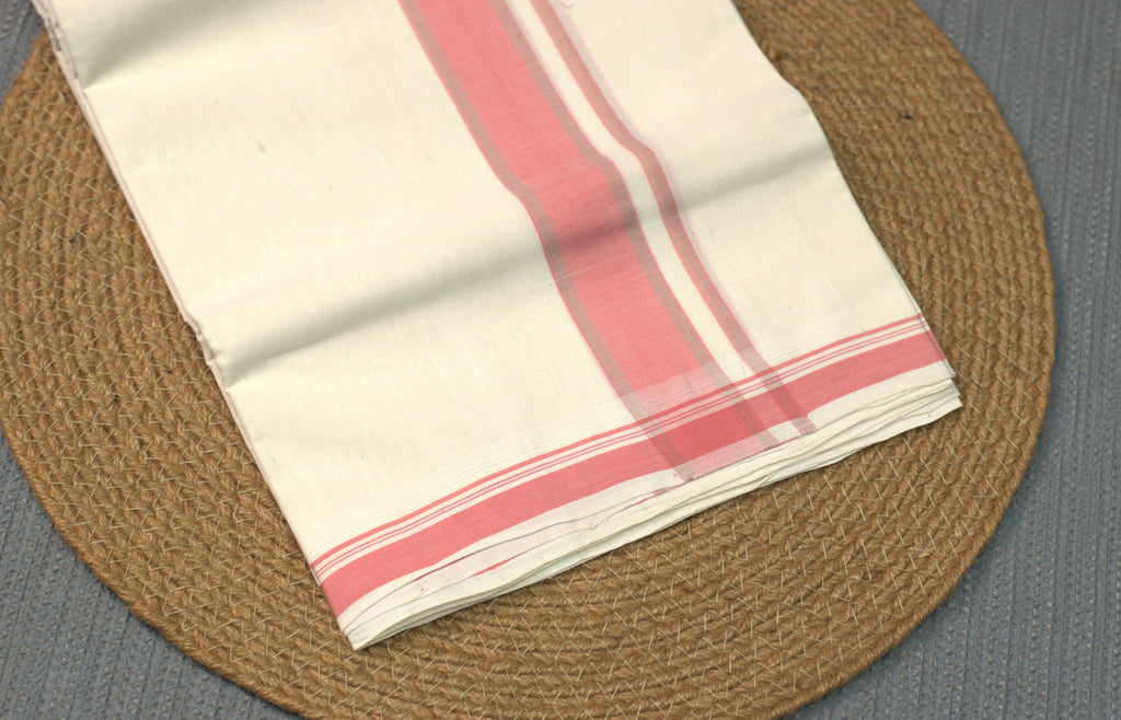 Premium Cotton Double Mundu with Elegant Pink Border