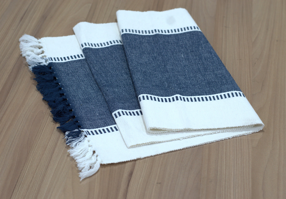 Navy Blue & White Cotton Table Runner with Tassel Fringe – 1.90 M x 40 cm