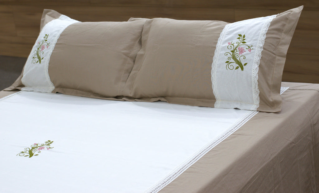 Premium King Size Cotton Bedspread Set with Embroidered Floral Lace Panel