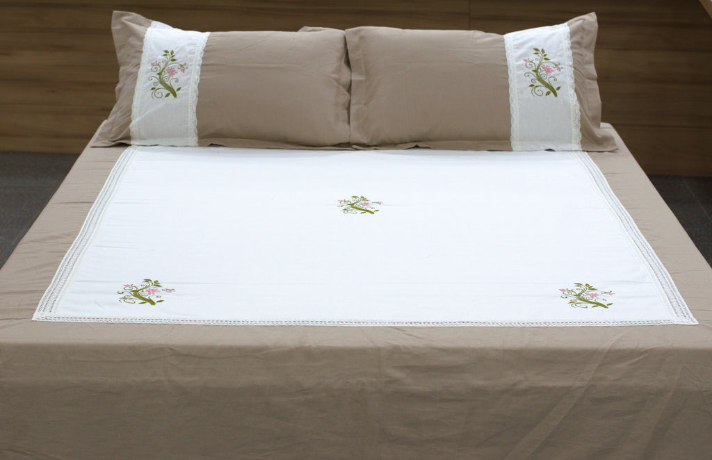 Premium King Size Cotton Bedspread Set with Embroidered Floral Lace Panel