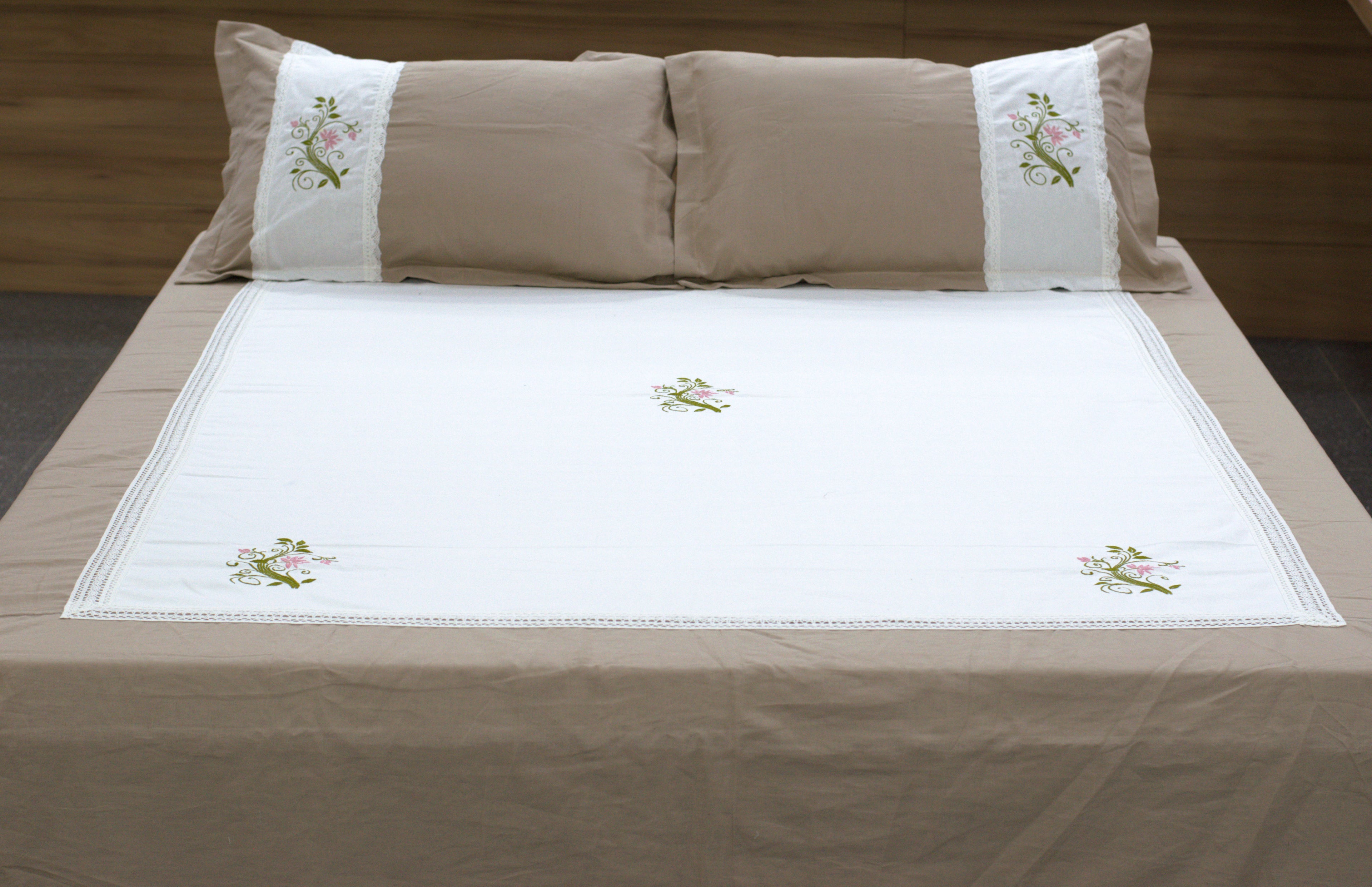 Premium King Size Cotton Bedspread Set with Embroidered Floral Lace Panel