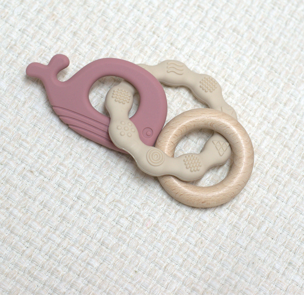 Silicone & Natural Wood Whale Teether Ring Set – Soothing Teething Toy for Babies