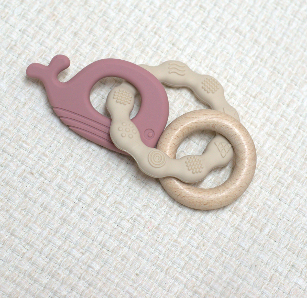 Silicone & Natural Wood Whale Teether Ring Set – Soothing Teething Toy for Babies