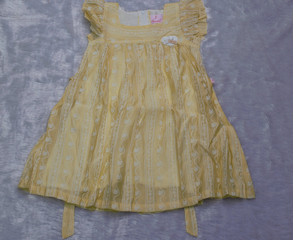 Soft Lemon Embroidered Flutter-Sleeve Frock with Back Bow