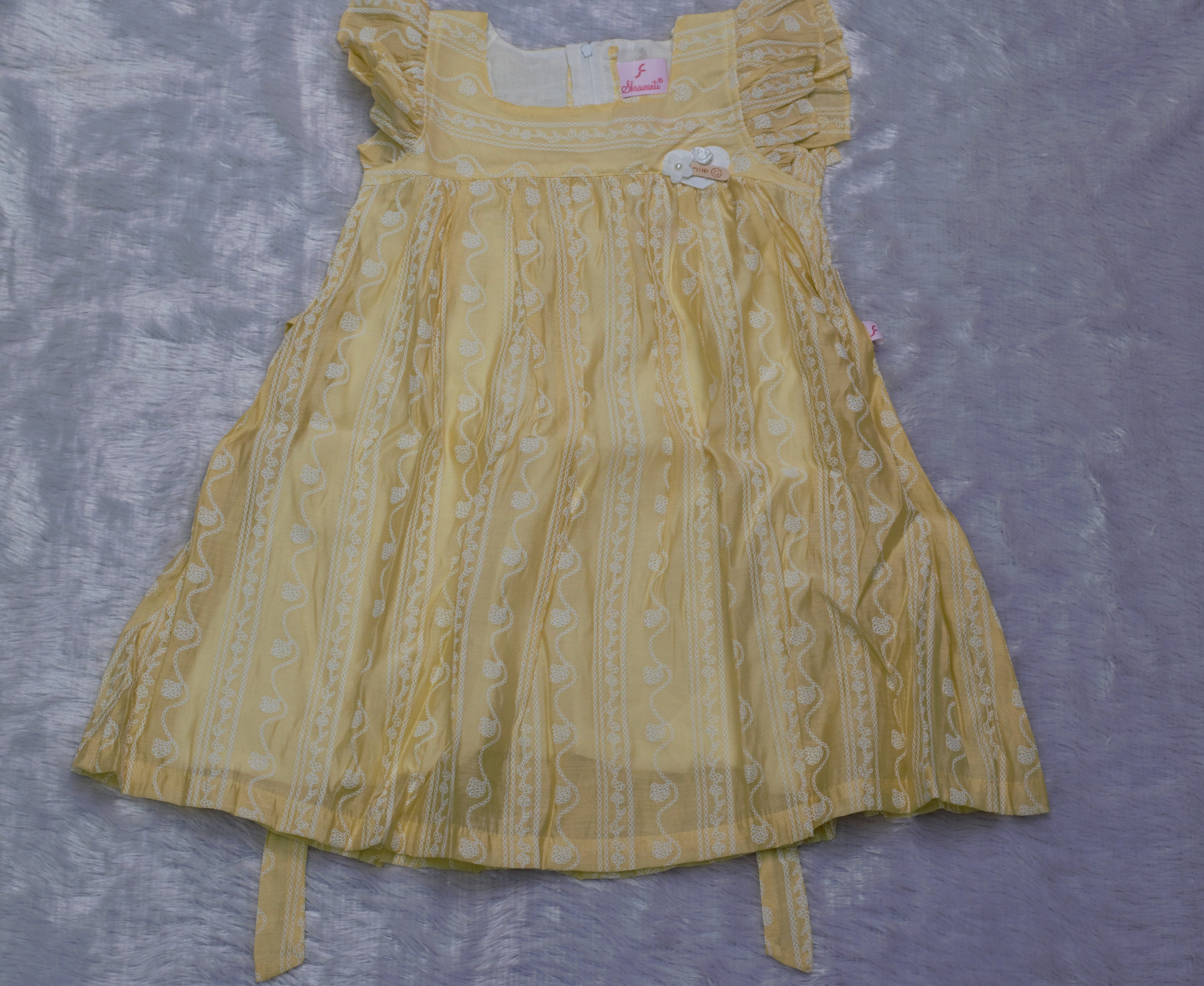 Soft Lemon Embroidered Flutter-Sleeve Frock with Back Bow