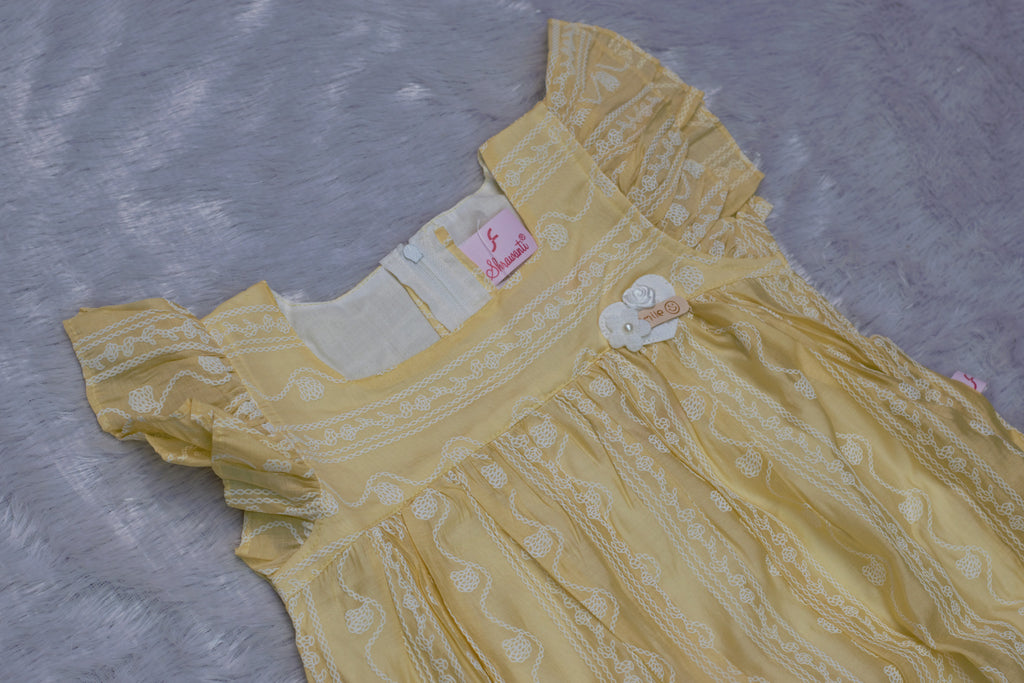 Soft Lemon Embroidered Flutter-Sleeve Frock with Back Bow