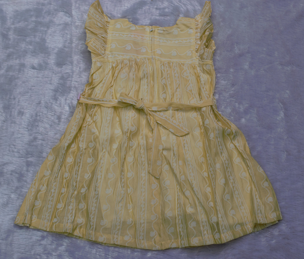 Soft Lemon Embroidered Flutter-Sleeve Frock with Back Bow