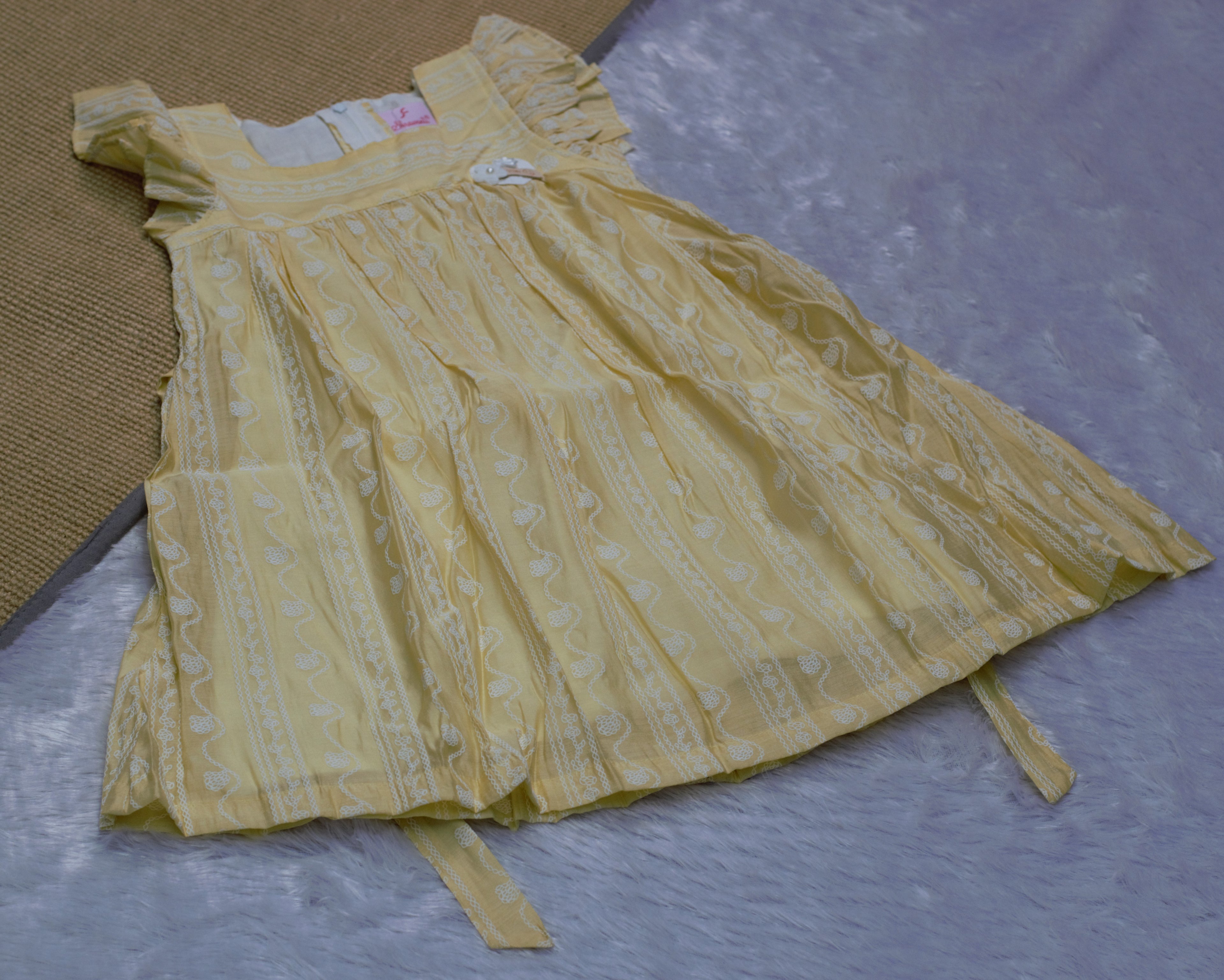 Soft Lemon Embroidered Flutter-Sleeve Frock with Back Bow