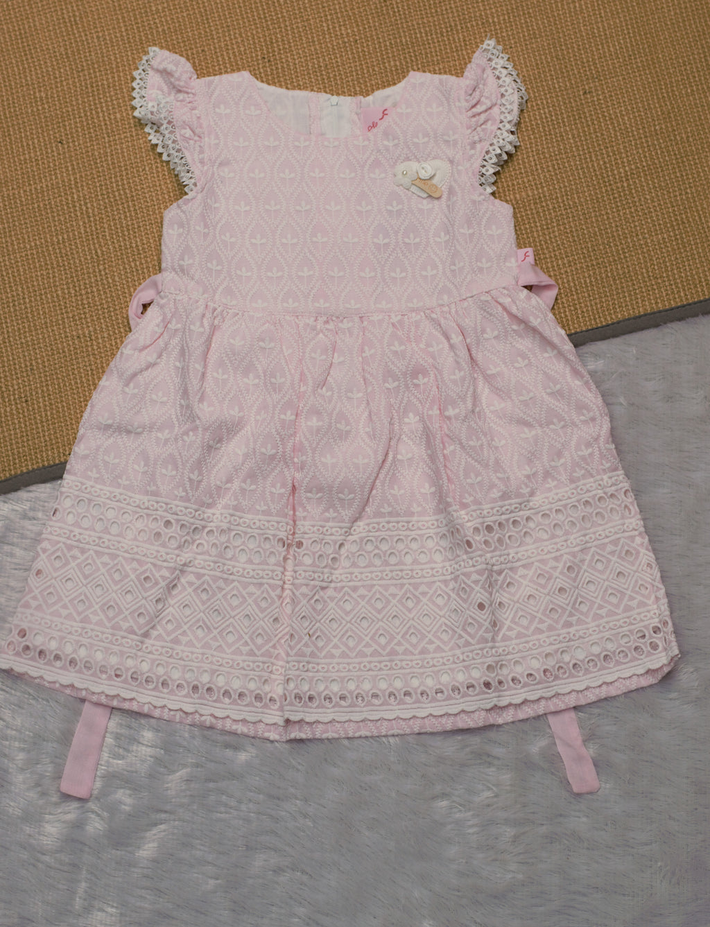 Sweet Peony Pink Eyelet Cotton Frock with Lace Trim & Bow Back