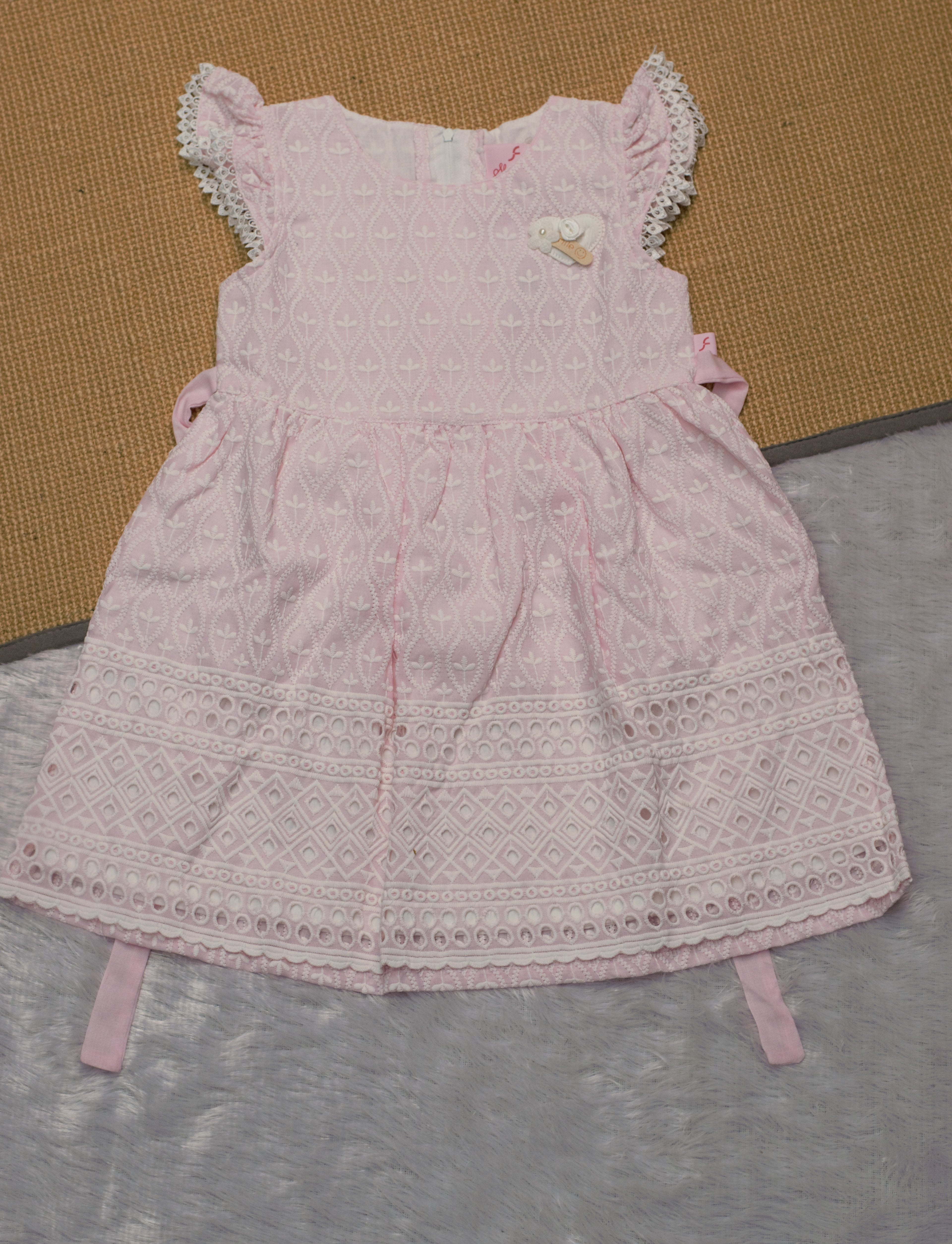 Sweet Peony Pink Eyelet Cotton Frock with Lace Trim & Bow Back