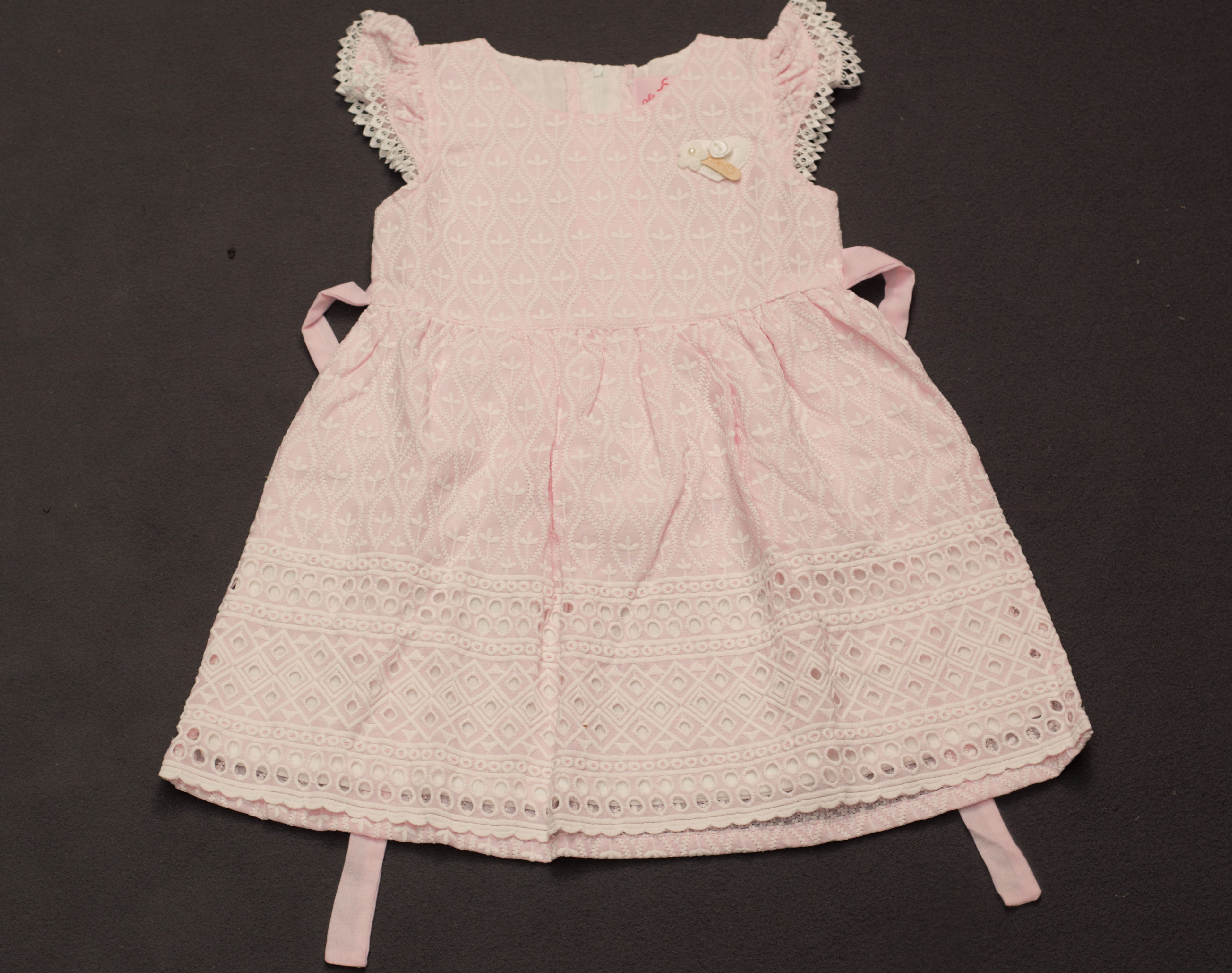 Sweet Peony Pink Eyelet Cotton Frock with Lace Trim & Bow Back