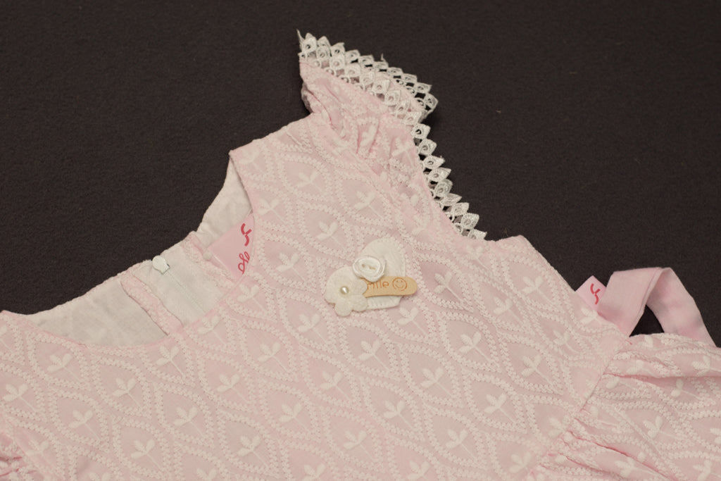 Sweet Peony Pink Eyelet Cotton Frock with Lace Trim & Bow Back