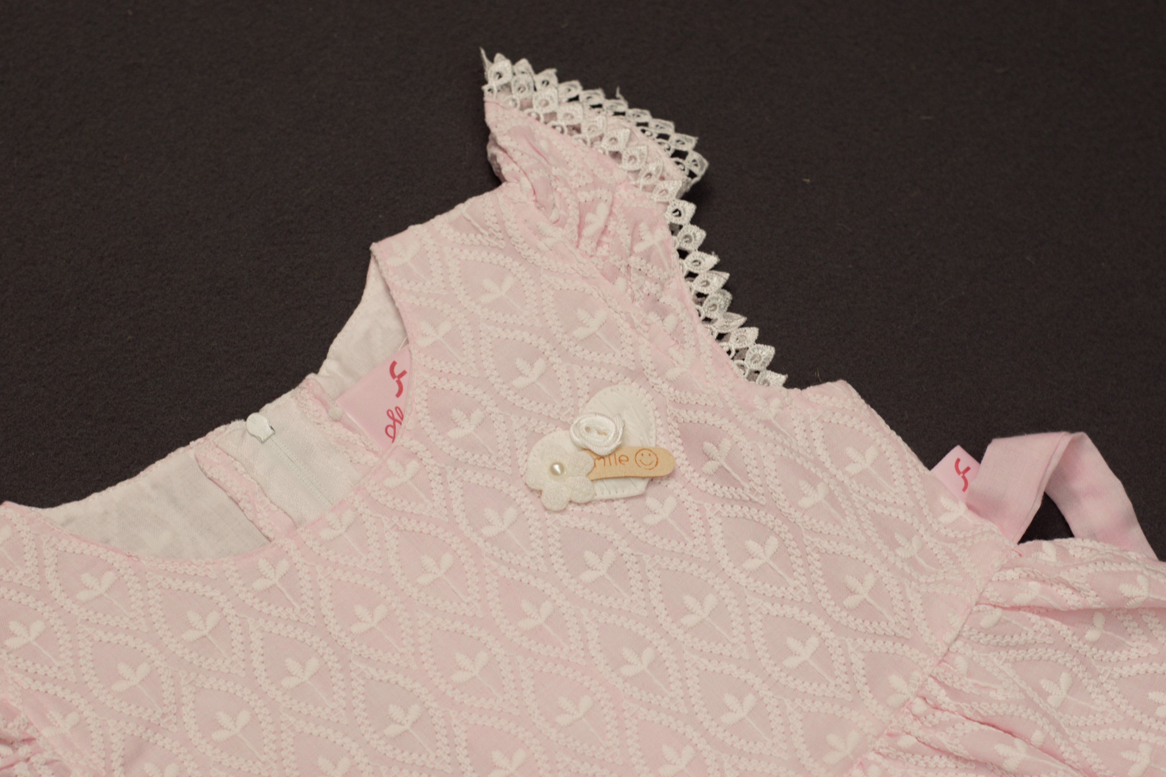 Sweet Peony Pink Eyelet Cotton Frock with Lace Trim & Bow Back