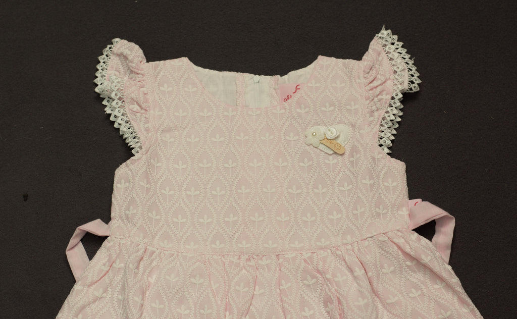 Sweet Peony Pink Eyelet Cotton Frock with Lace Trim & Bow Back