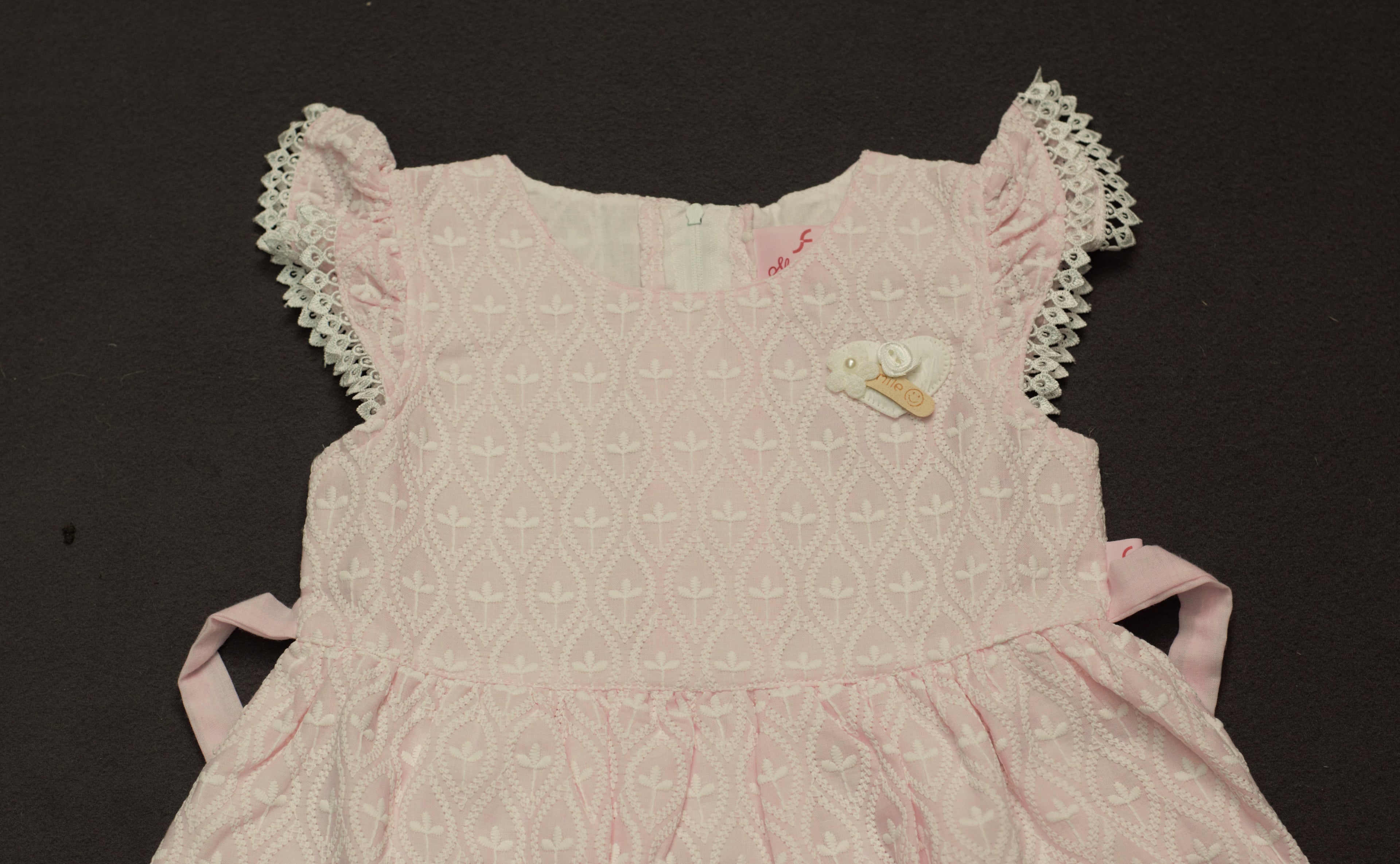 Sweet Peony Pink Eyelet Cotton Frock with Lace Trim & Bow Back