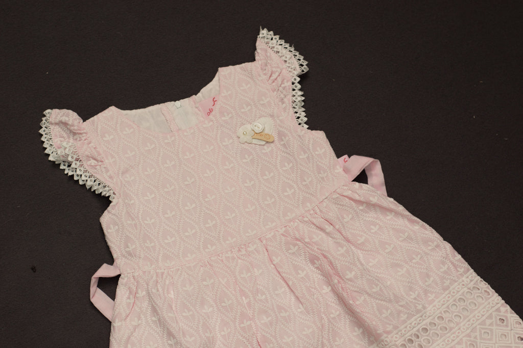 Sweet Peony Pink Eyelet Cotton Frock with Lace Trim & Bow Back