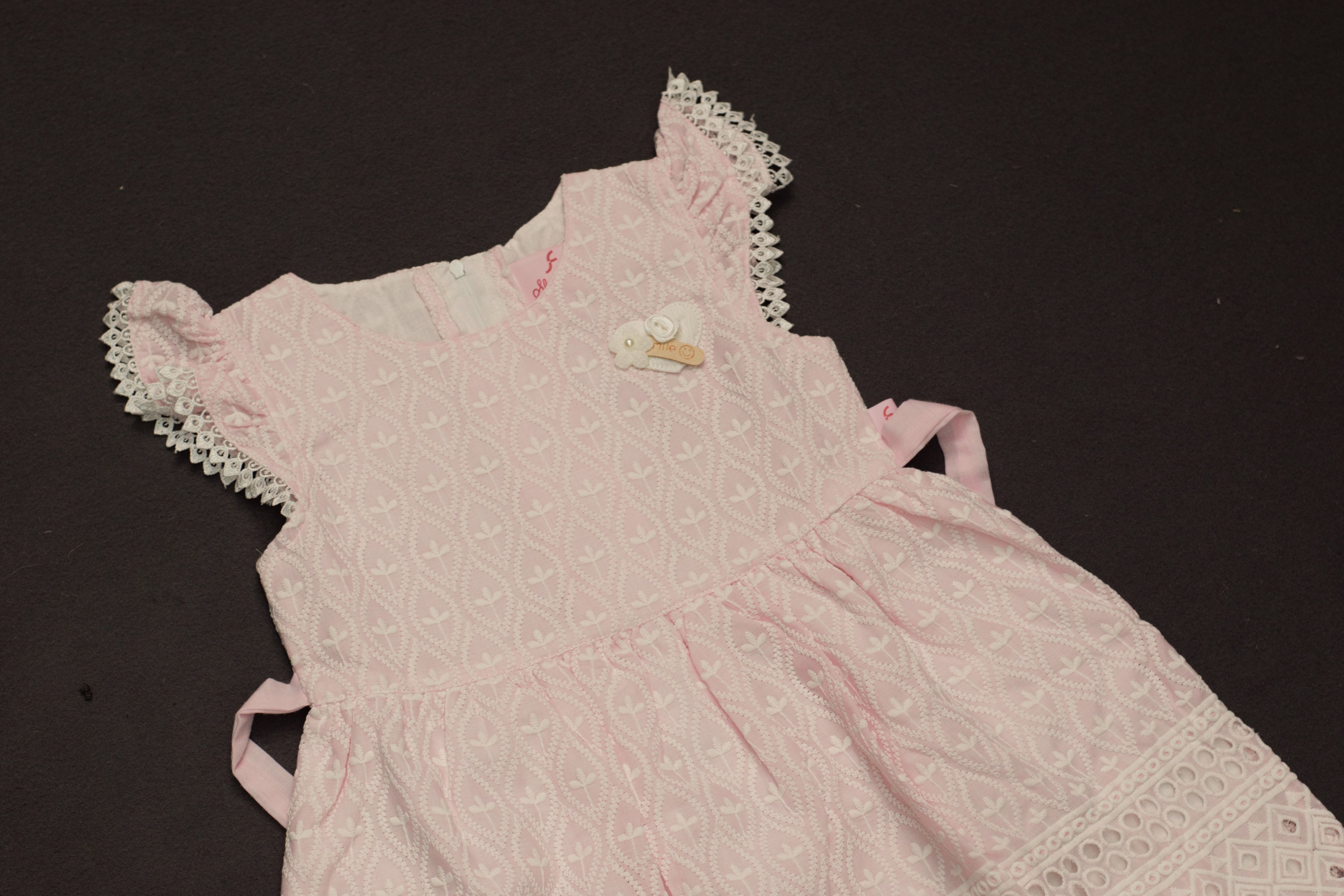 Sweet Peony Pink Eyelet Cotton Frock with Lace Trim & Bow Back