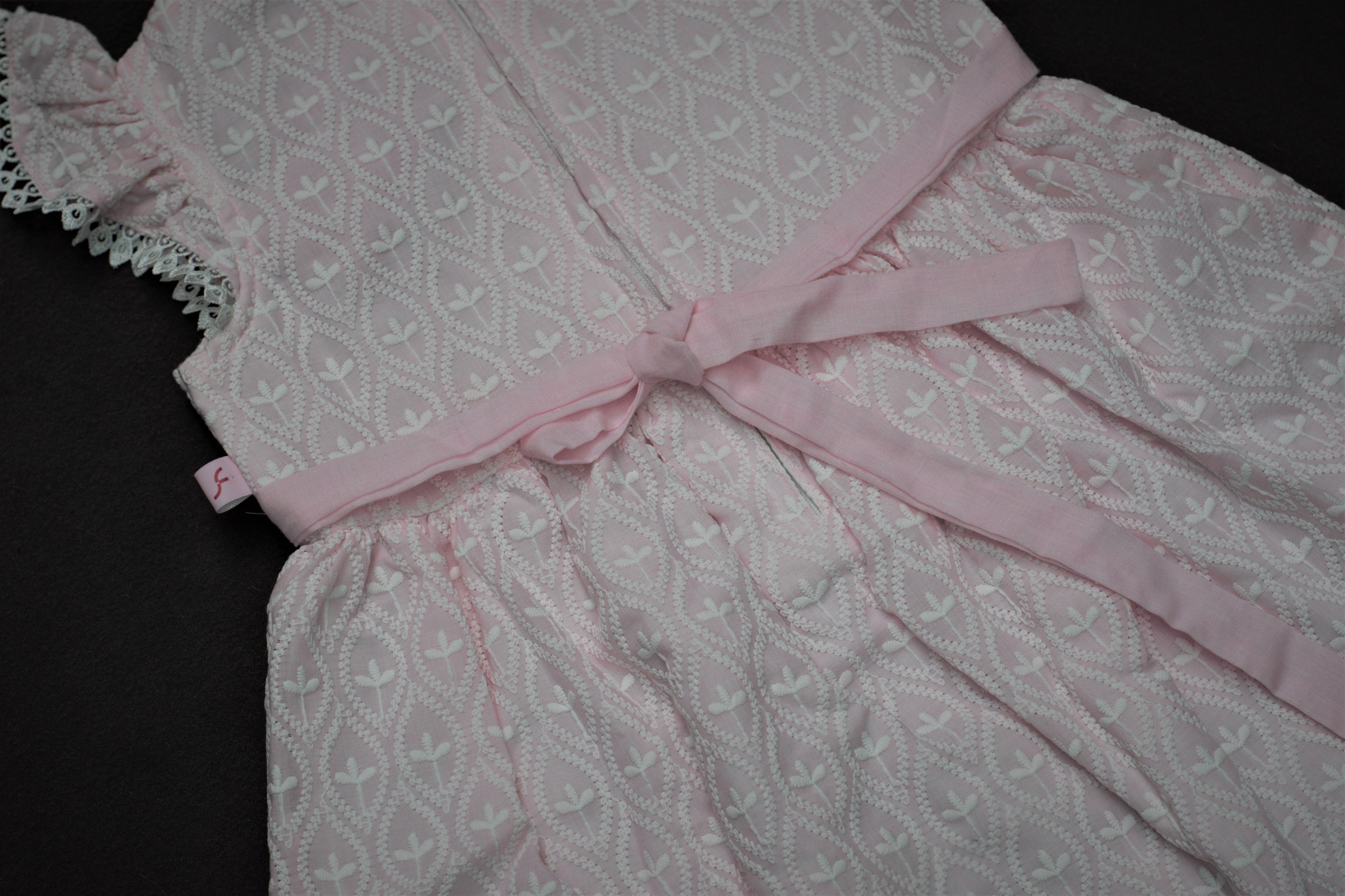 Sweet Peony Pink Eyelet Cotton Frock with Lace Trim & Bow Back
