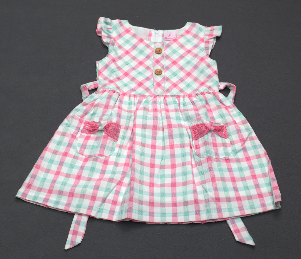 Pastel Checkered Kids Frock with Bow Pocket Detail