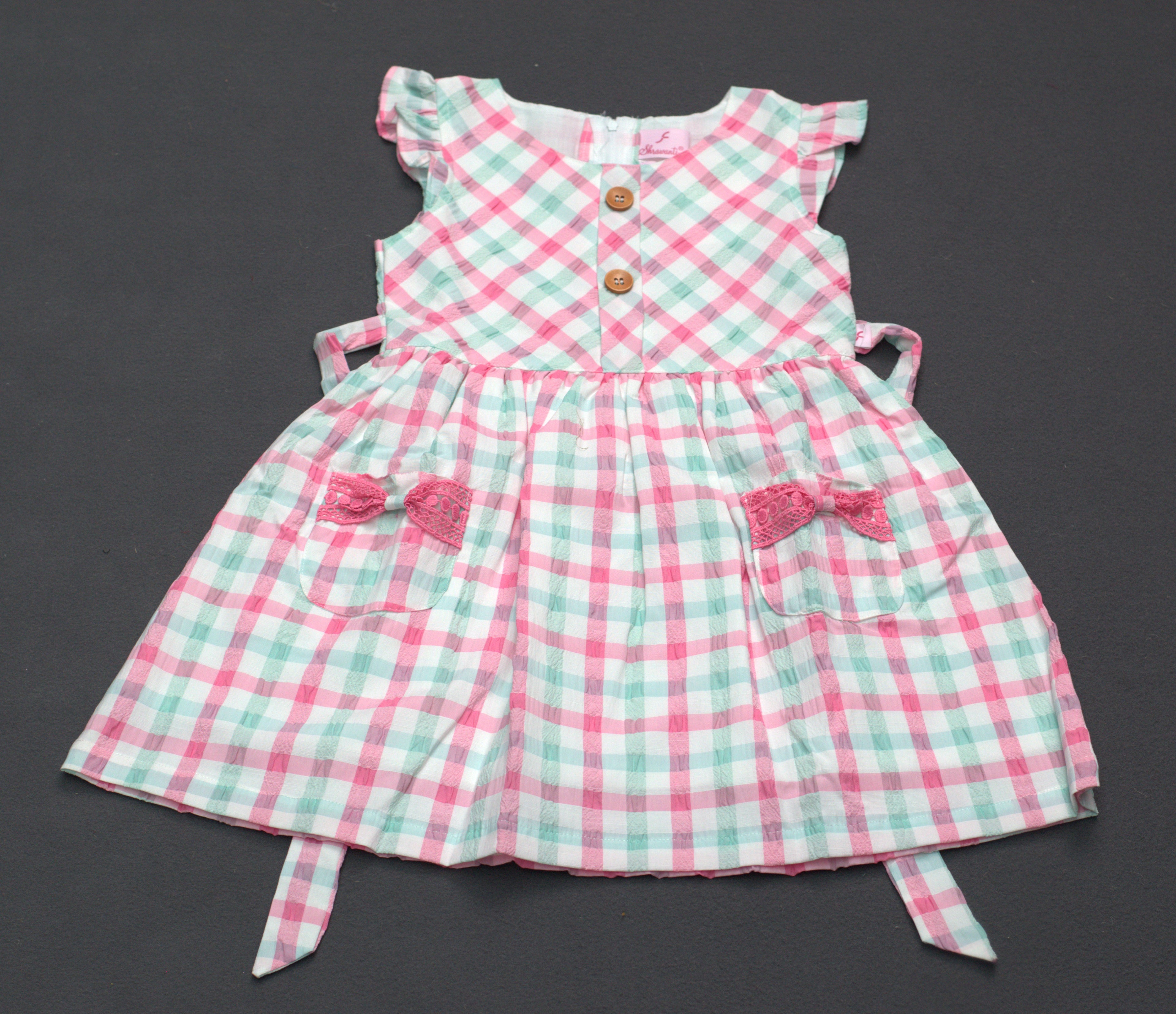 Pastel Checkered Kids Frock with Bow Pocket Detail