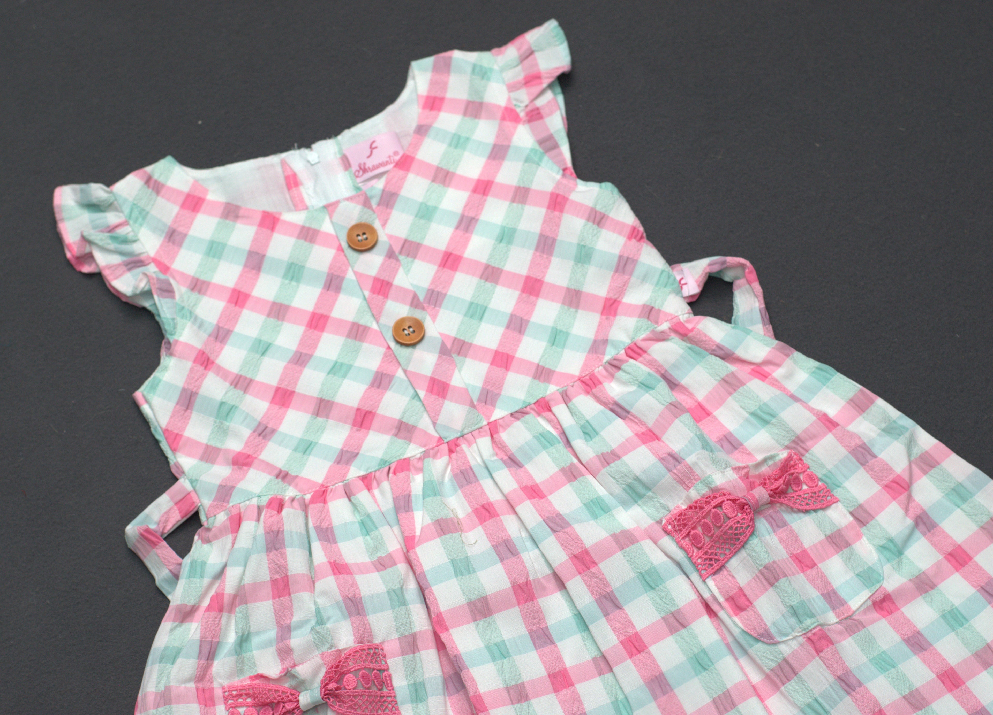 Pastel Checkered Kids Frock with Bow Pocket Detail