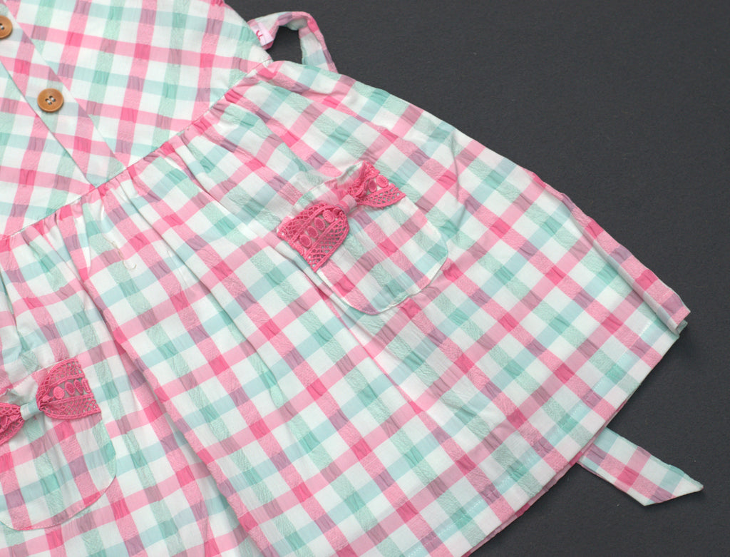 Pastel Checkered Kids Frock with Bow Pocket Detail