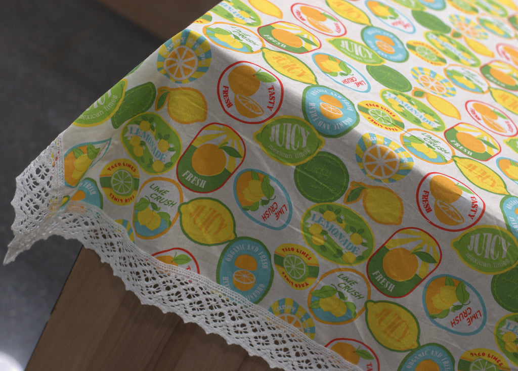 Lemon & Citrus Printed Table Cloth with Elegant White Lace Border – Nushio by Pulpel