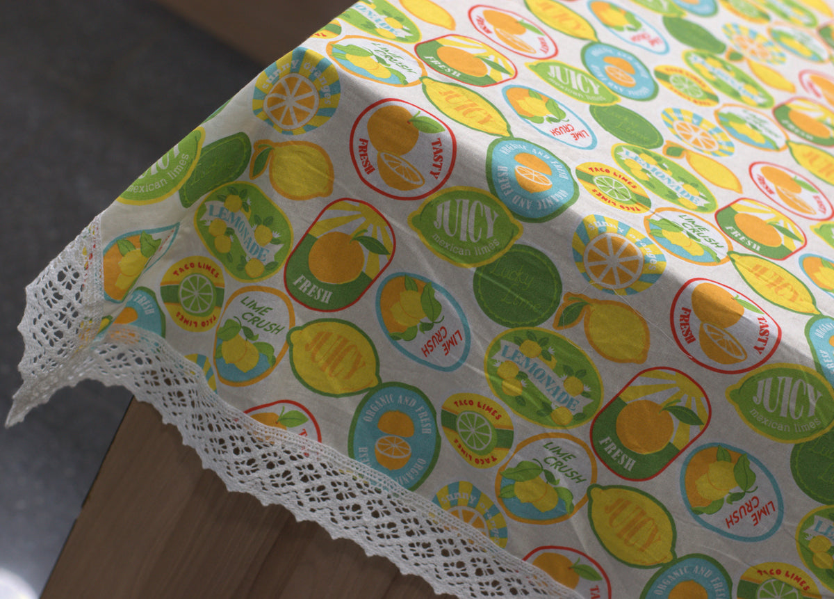 Lemon & Citrus Printed Table Cloth with Elegant White Lace Border – Nushio by Pulpel