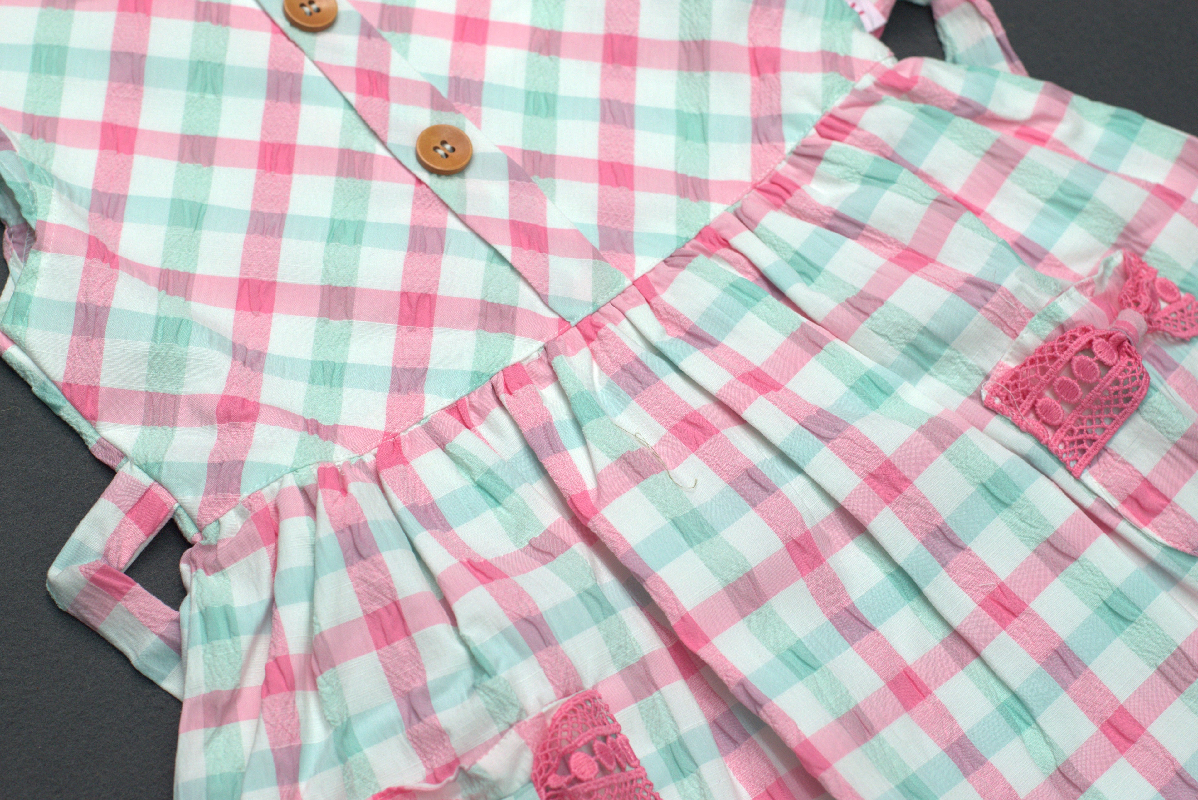 Pastel Checkered Kids Frock with Bow Pocket Detail