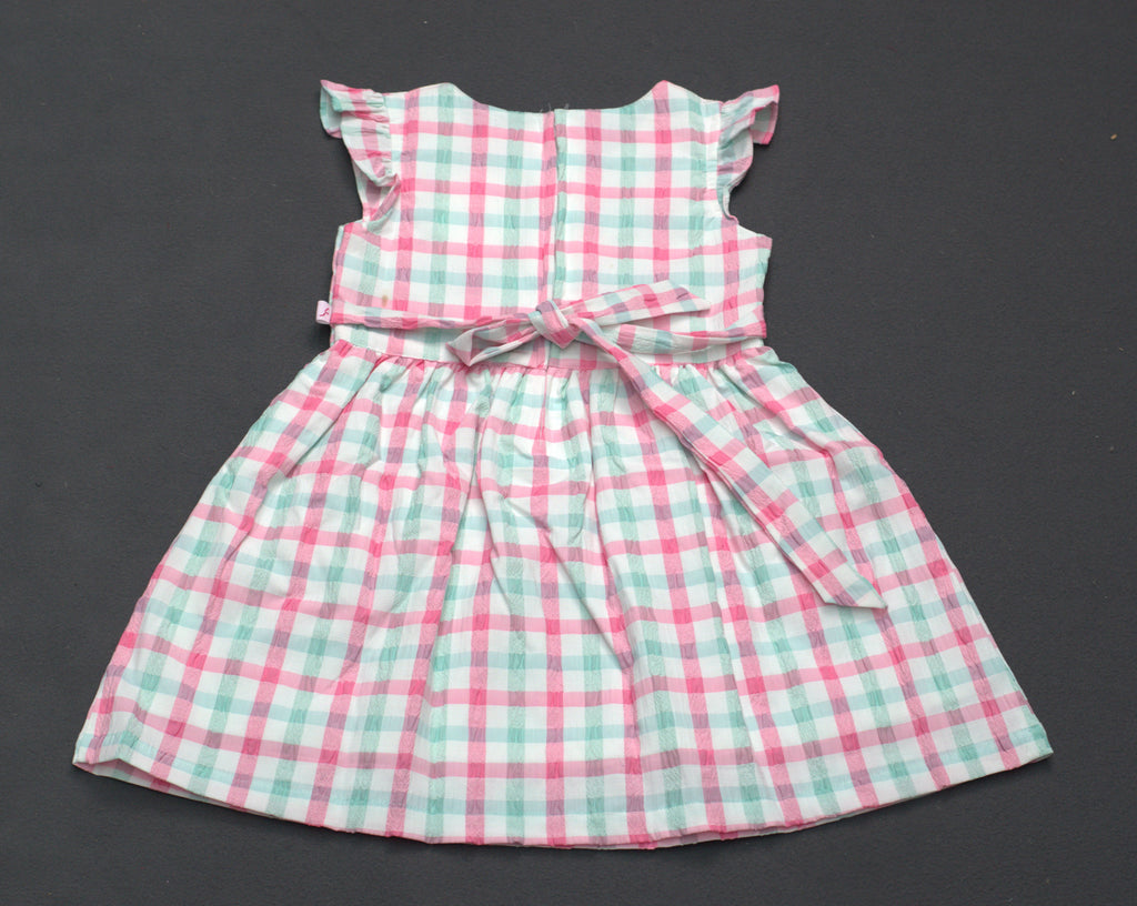 Pastel Checkered Kids Frock with Bow Pocket Detail
