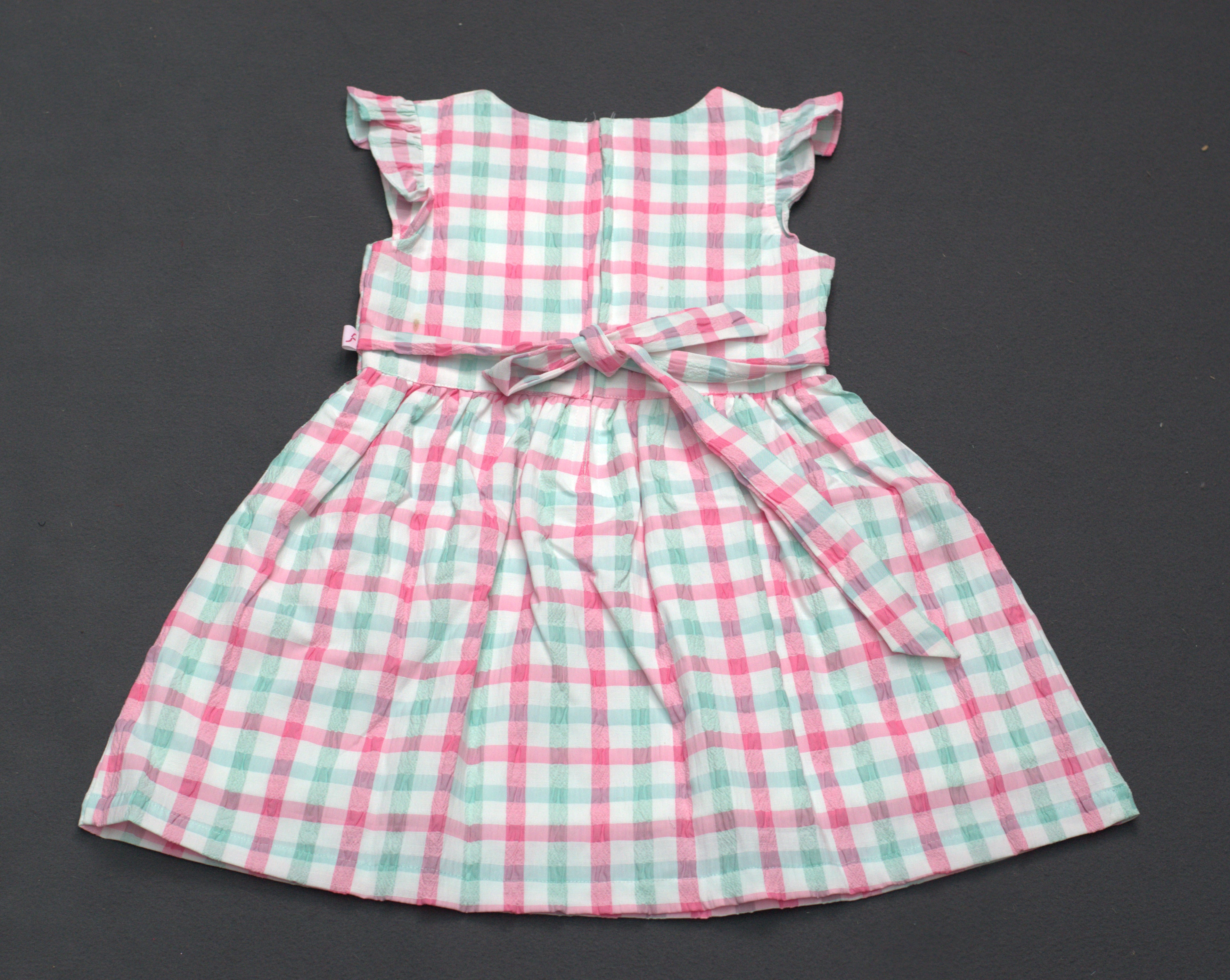 Pastel Checkered Kids Frock with Bow Pocket Detail